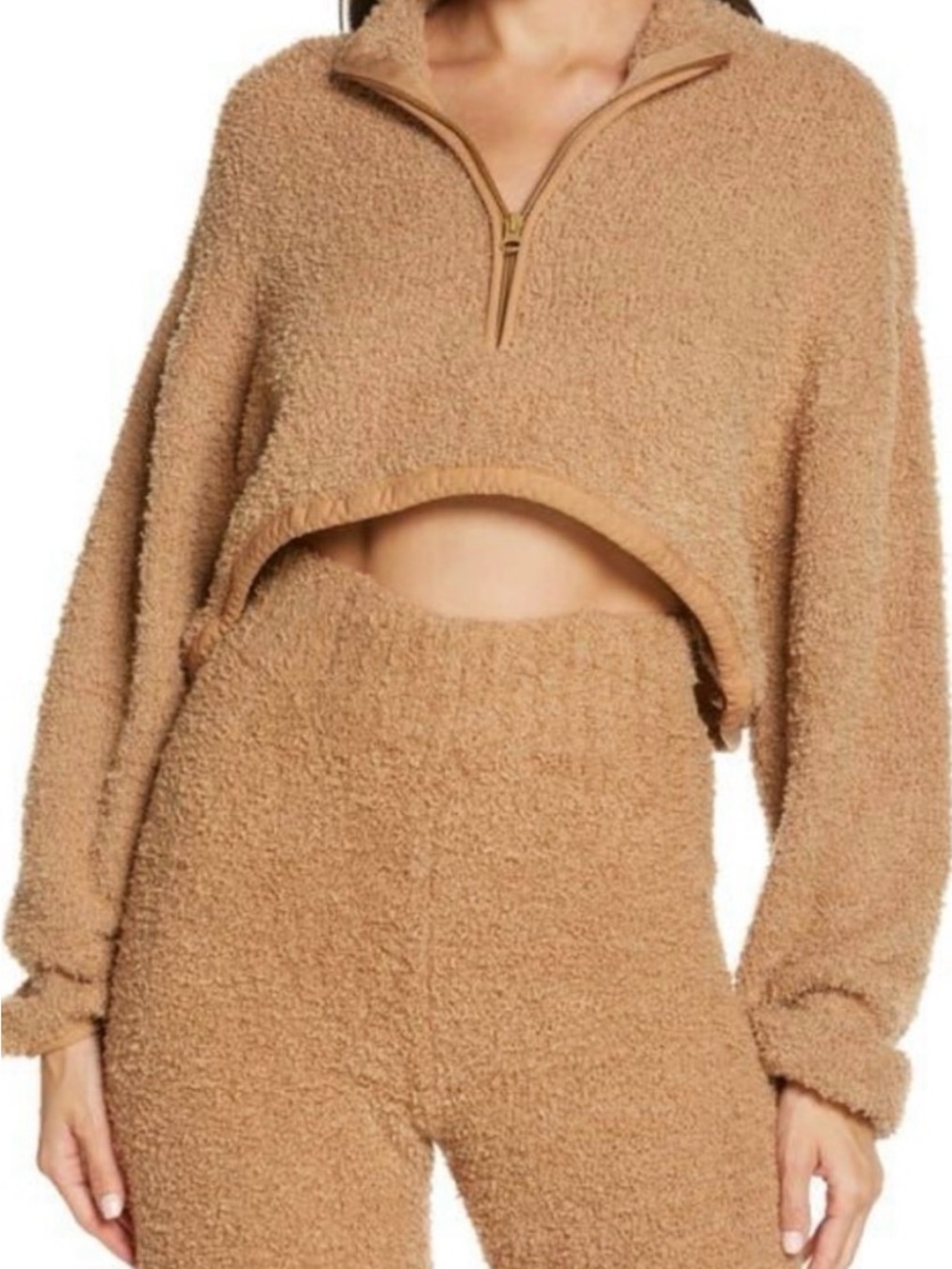 NWT SKIMS Cropped Sherpa Half-Zip Hoodie in Camel XXS/XS *as is* see pictures